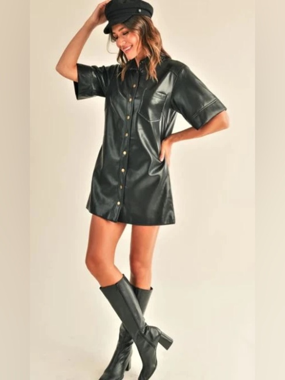 Reset by Jane black faux-leather button-up shirt dress